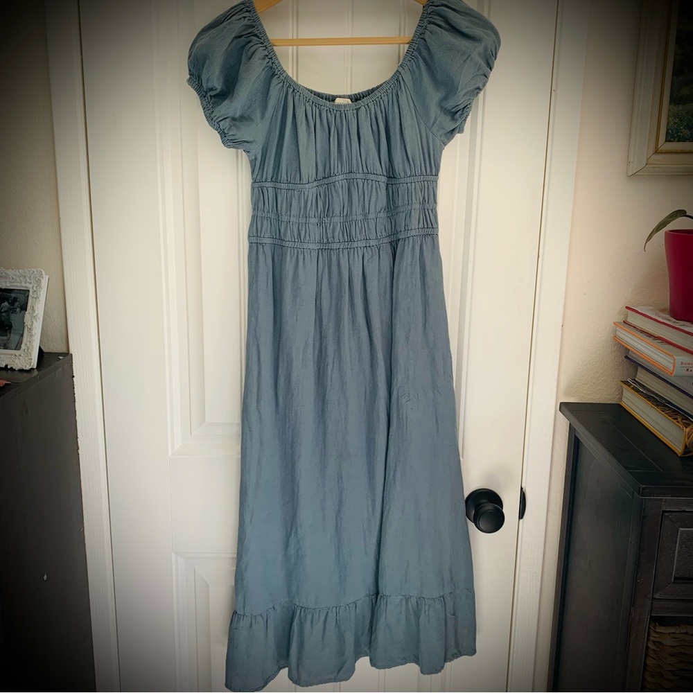 Blue Puff Sleeve Midi Dress